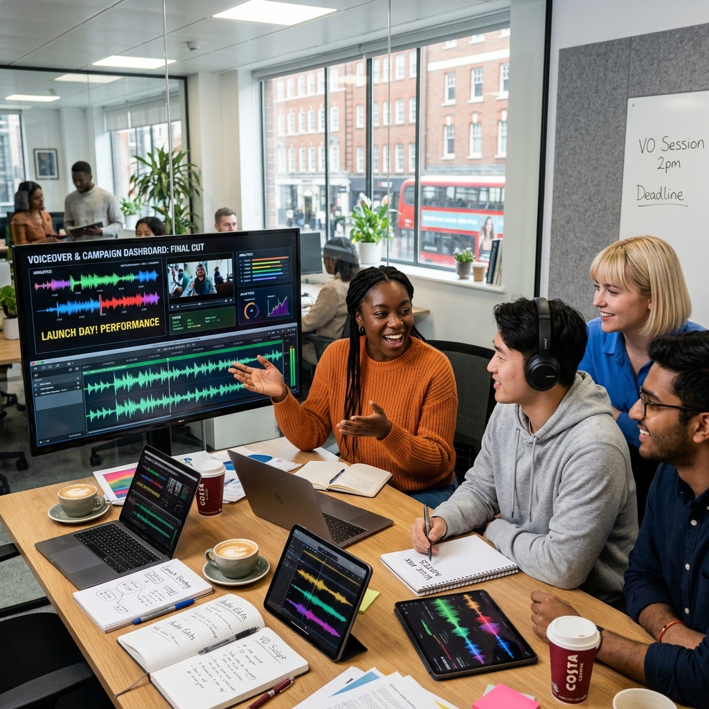 AI voiceover tools UK 2026 comparison – realistic speech waveforms.